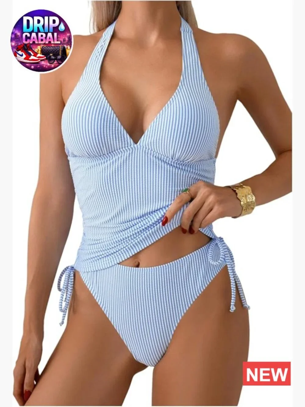 Sexy Backless Striped Halter Tankini Swimsuits Tummy Control 2 Piece Bathing